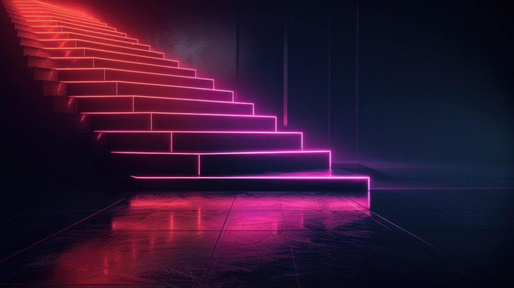 Scări luminate cu neon roz și violet, în întuneric