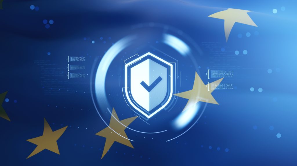 Scut de securitate cu bifă și stelele Uniunii Europene